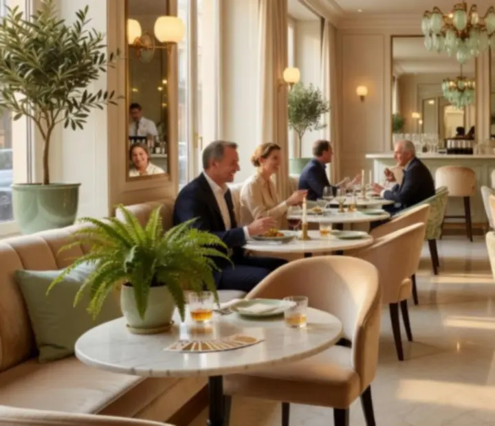 Ambiance douce et lumineuse de la salle de restaurant Lieuavenir avec murs ivoire et nappes en lin.