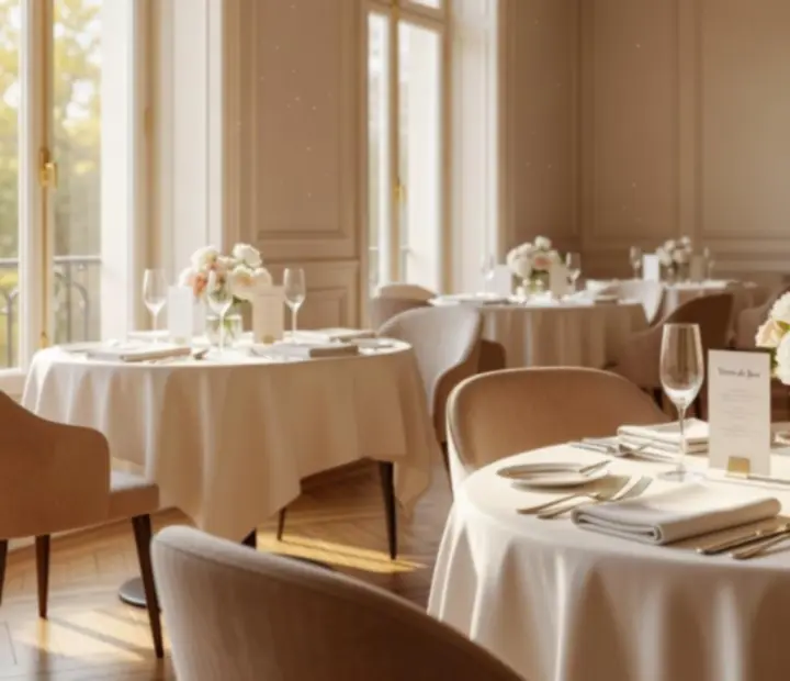 Salle à manger contemporaine baignée de lumière avec tables dressées et cartes de menu élégantes.