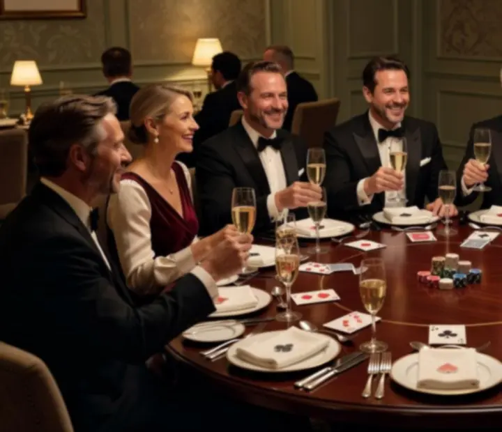 Convives souriants partageant une soirée poker gourmande dans un restaurant lumineux