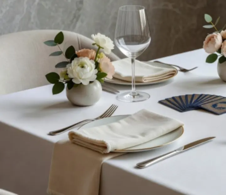 Détail d'une table de restaurant : fleurs fraîches, verres à champagne et lumière douce sur des murs crème.