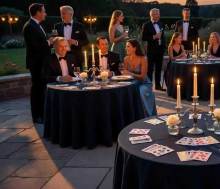 Vue d’ensemble d’événements passés : grandes tablées éclairées, convives souriants et détails de table raffinés.
