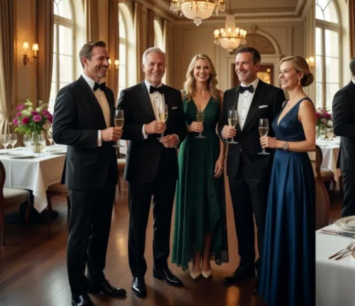 Groupe d'invités souriants lors d'un événement privé au restaurant.