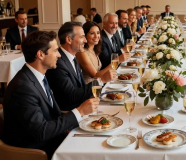 Grande tablée conviviale au restaurant Lieuavenir avec invités souriants.