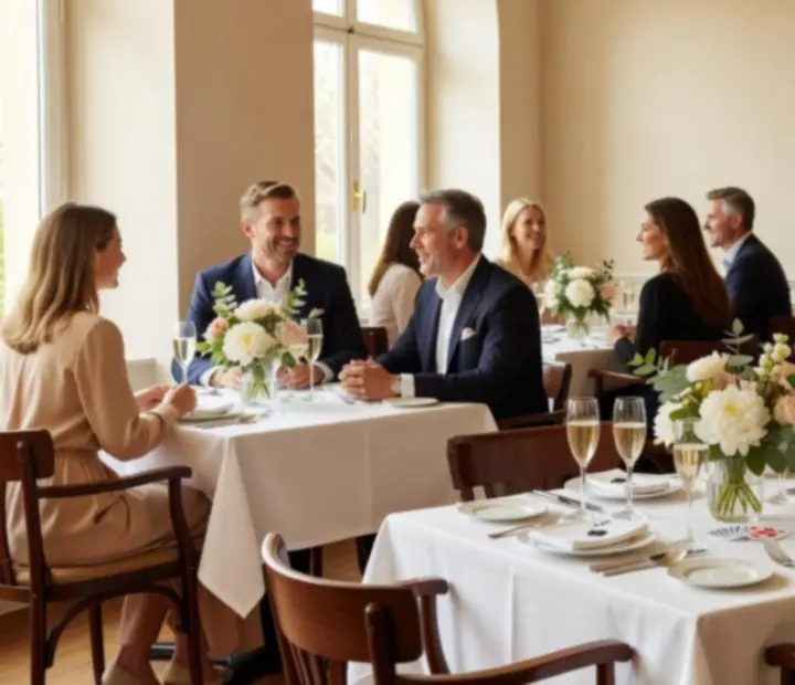 Salle de restaurant lumineuse avec tables dressées en lin, verres de champagne et invités souriants.