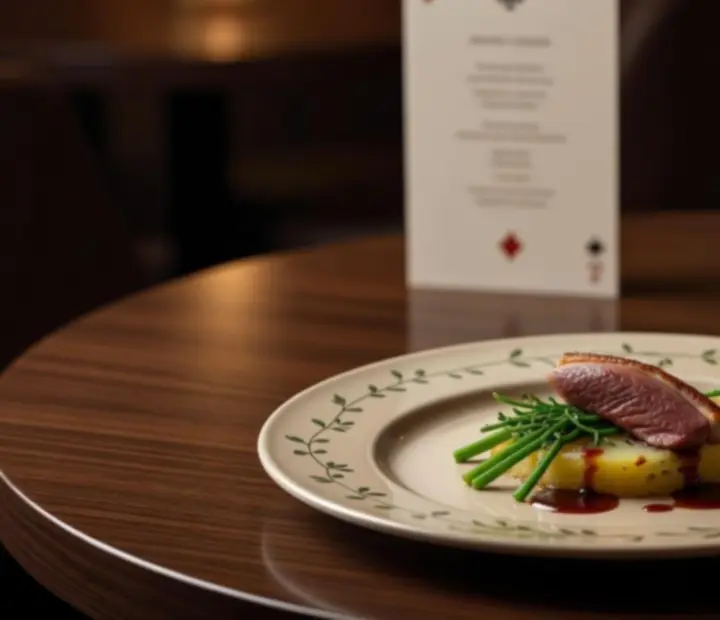 Menu gastronomique dressé pour une soirée poker gourmande, avec verre de vin et dressage raffiné