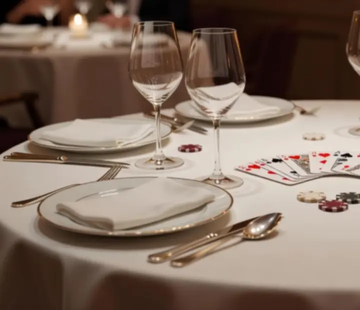 Table de restaurant dressée pour un dîner, avec cartes décoratives et jetons symboliques pour une soirée poker événementielle.