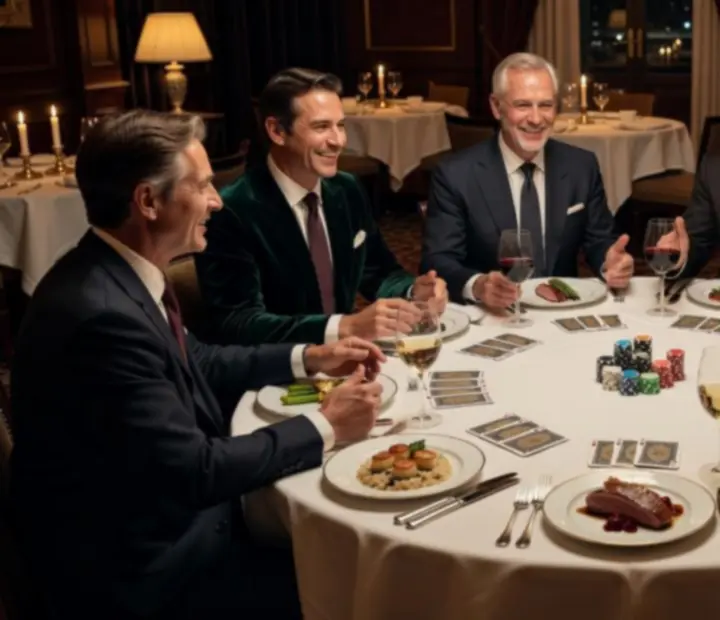 Table de restaurant avec cartes décoratives, jetons symboliques et verres de vin autour d'un dîner convivial.