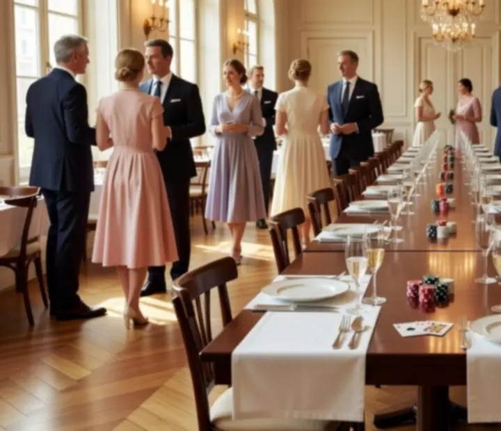 Table de dîner raffinée avec accessoires de poker décoratifs dans un restaurant lumineux