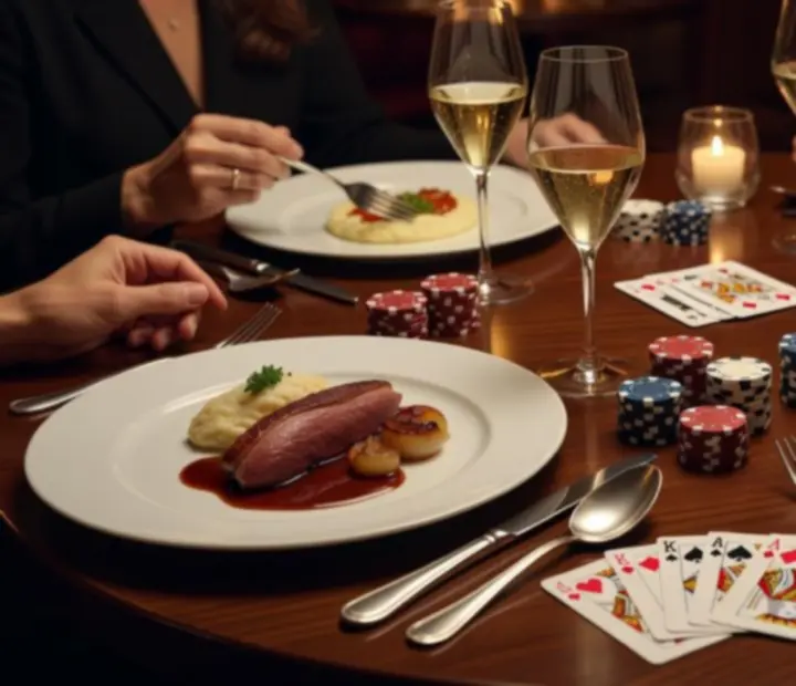 Table de restaurant élégante avec cartes et jetons symboliques, entourée de verres et d'assiettes raffinées.