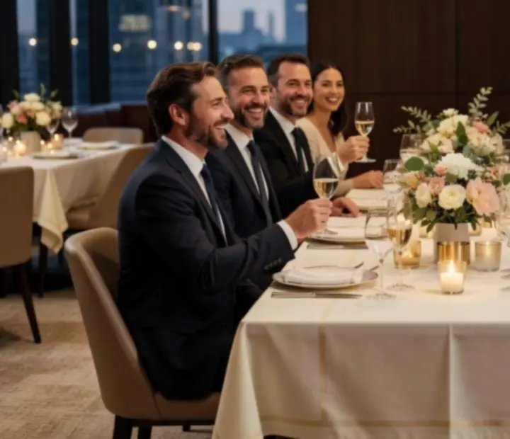 Grande table de réception élégante, nappes de lin, compositions florales et verres prêts pour une soirée privée.