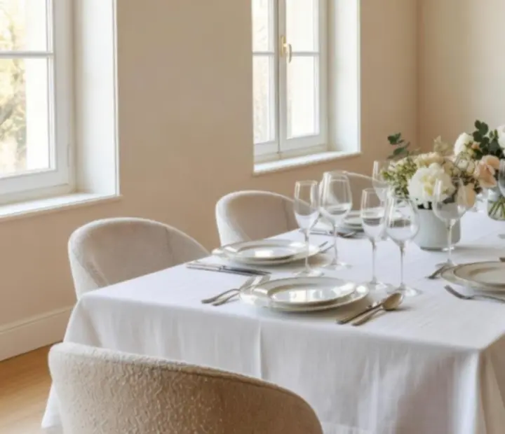 Salle lumineuse de Lieuavenir avec grande table de groupe dressée pour un dîner social.