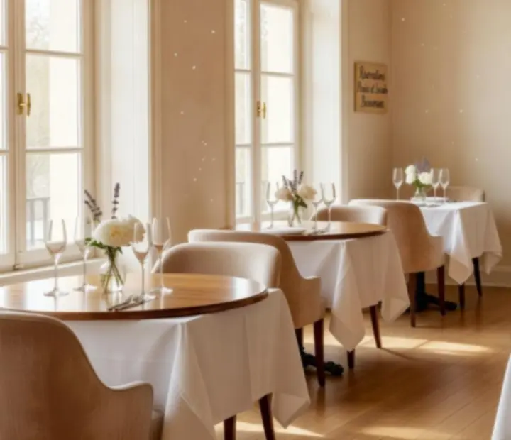 Salle de restaurant lumineuse dressée pour une soirée de groupe raffinée.