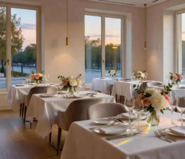 Salle de restaurant lumineuse avec murs crème, nappes blanches et détails floraux.