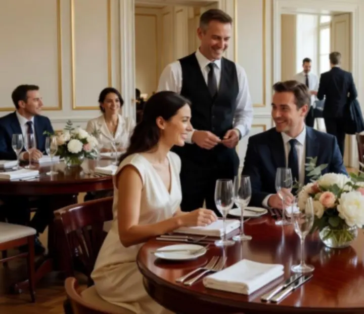 Salle de restaurant baignée de lumière, prête pour une soirée raffinée.