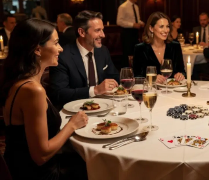 Table de dîner élégante avec verres, jeu de cartes et jetons décoratifs pour une soirée Esprit Salon.