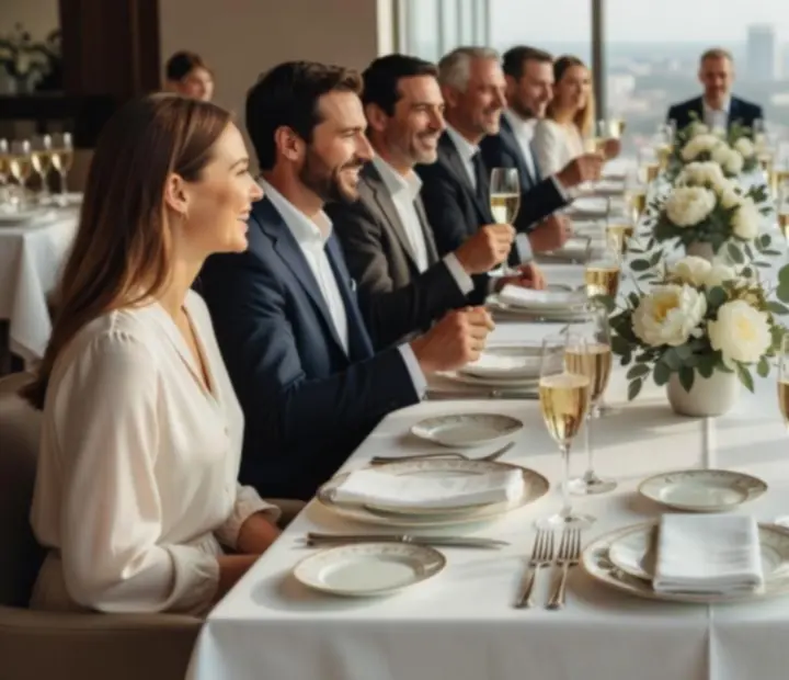 Grande tablée élégante pour un dîner social dans un restaurant lumineux